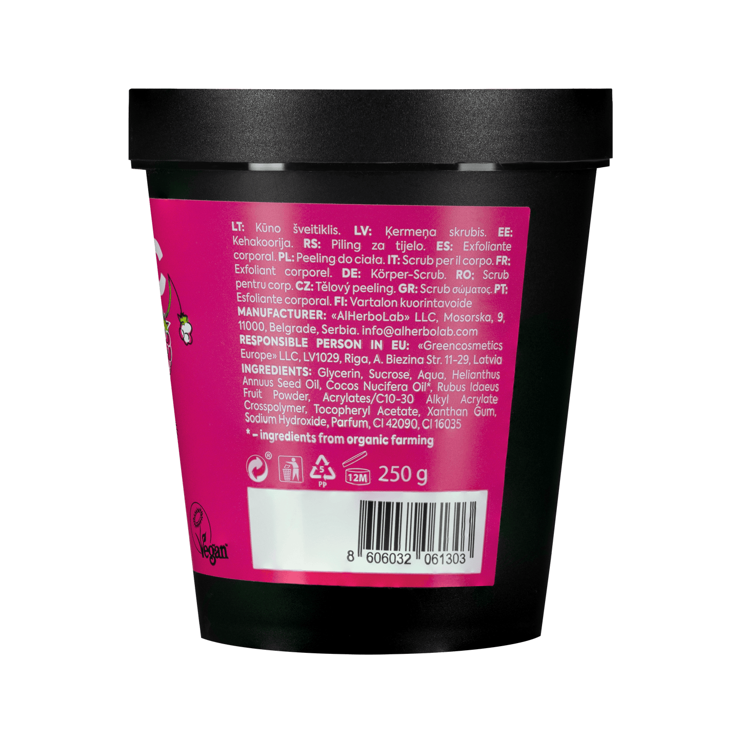 Organic Mimi, Body Scrub Jam Coconut & Raspberry, 250 g